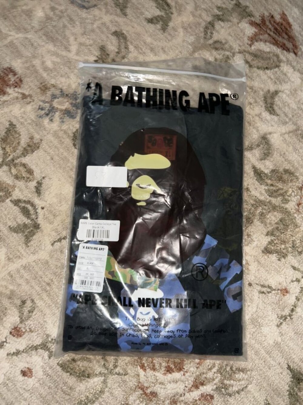A Bathing Ape Color Camo College Tee Black (Blue Camo Logo) Size XL Brand New